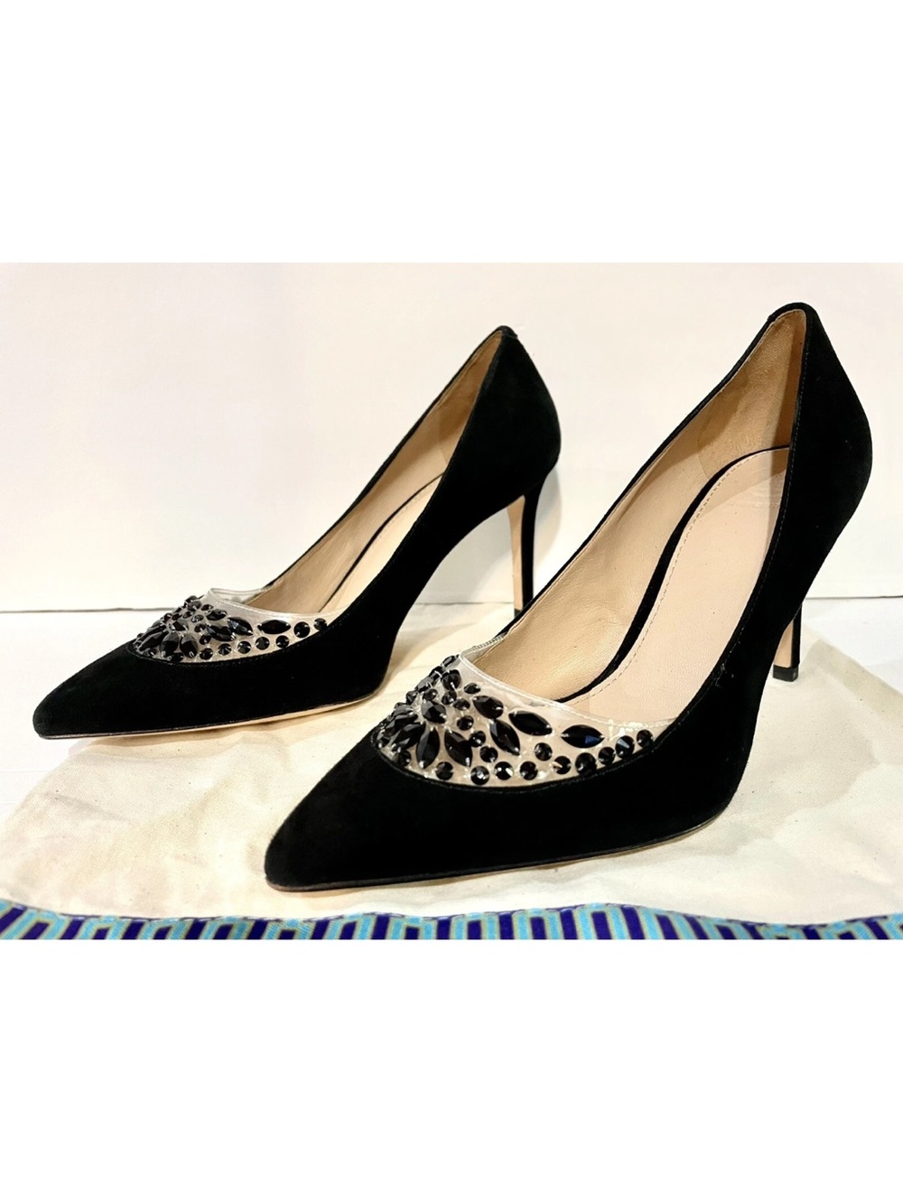Tory Burch Black Suede Pointed-Toe Pumps with Jeweled Accent